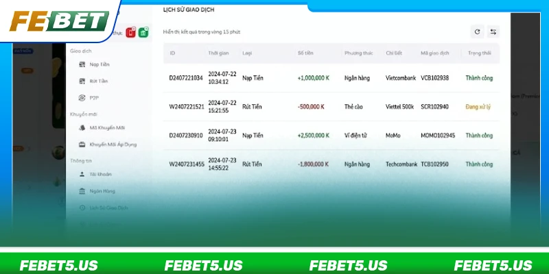 Theo dõi trạng thái giao dịch rút tiền tại bảng FEBET